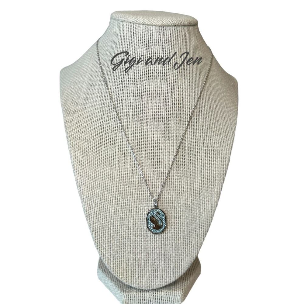 Swarovski Signum pendant Swan, Long, Blue, Rhodium plated Necklace